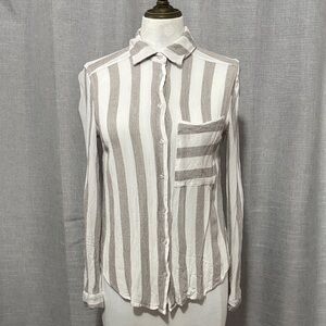 Tahari 100% Rayon Button Up Shirt-Sz XS-Brown/White Striped-RollUp Sleeve-EUC